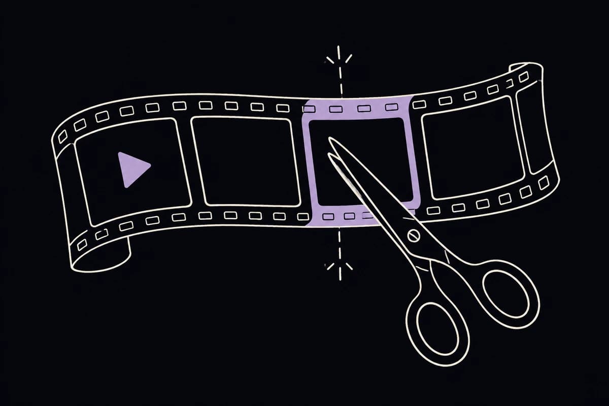Editing scissors trim a film strip into a short video.